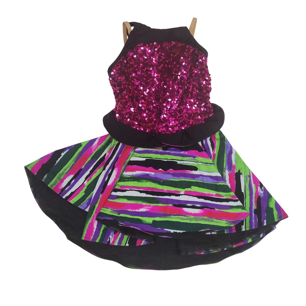 Pink Sequin Dance Leotard Dress Multi Striped Performance Excellent girls Large